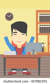 An asian  successful businessman celebrating with arms up while sitting at the table in office. Successful business concept. Vector flat design illustration. Vertical layout.