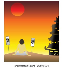 Asian sunset, monk sits on sand and meditates