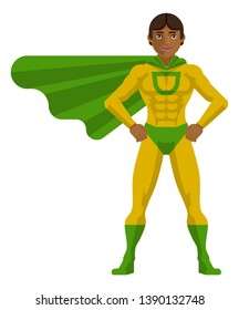 An Asian superhero cartoon mascot man in his green and yellow super hero costume compete with cape in a flat modern cartoon style