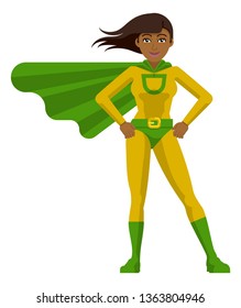 An Asian superhero cartoon mascot woman in her green and yellow super hero costume compete with cape in a flat modern cartoon style