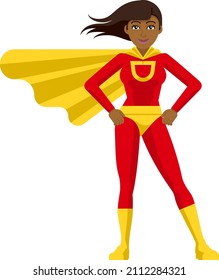 An Asian superhero cartoon mascot woman in her red and yellow super hero costume compete with cape in a flat modern cartoon style