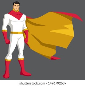 Asian superhero standing tall, isolated on grey background.