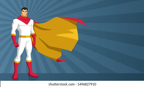 Asian superhero standing tall on abstract ray light background with copy space.