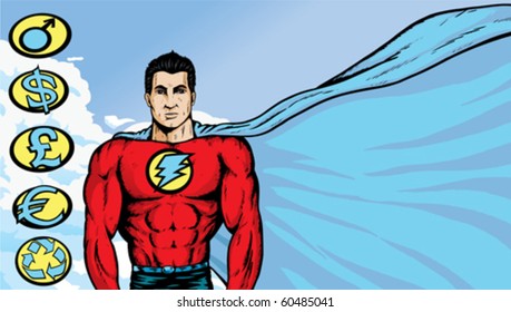 Asian Superhero where any text or image can be put on flowing cape. With .eps, crests are on a separate layer, and can be moved/removed.
