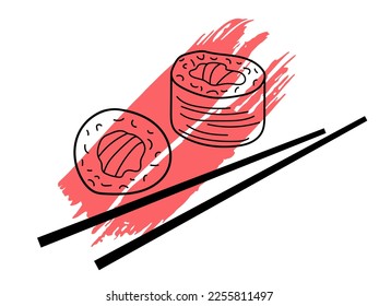 Asian sushi roll with chopsticks on pink brush strokes. Sushi logo. Hand drawn doodle sketch. Black red Vector on white background for Card, Label, Poster, Sticker, bar logo, menu design, label.