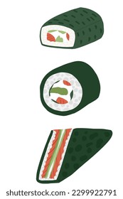 Asian sushi set roll sandwich hand drawn