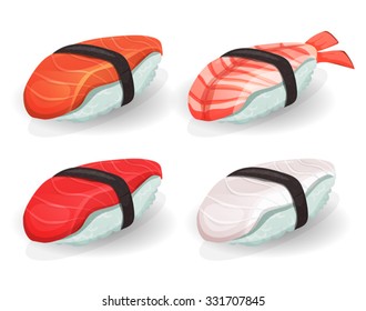 Asian Sushis Set With Salmon, Tuna, Shrimp And Bream/
Illustration of a set of appetizing cartoon sushi fishes icons, with salmon, tuna, bream, shrimps, alga and rice for asian takeout restaurants