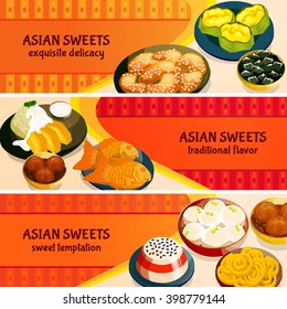 Asian sweets horizontal banners set with traditional flavor of exquisite delicacies isolated vector illustration