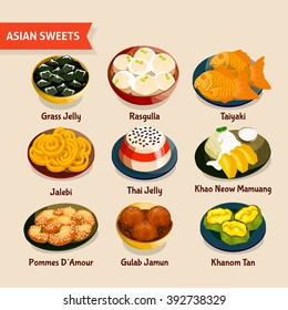 Asian sweets set with traditional desserts of chinese thai indian japanese cuisines isolated vector illustration