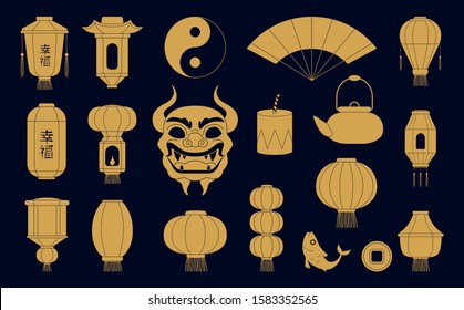 Asian symbols silhouettes. Chinese golden paper lanterns mask of dragon fish and coins. Traditional china festive vector illustrations