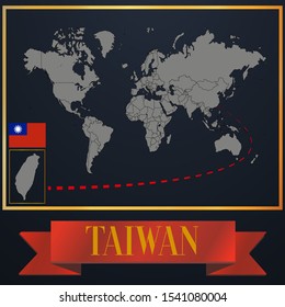 Asian Taiwan national flag, realistic globe world map blank template, solid country outline silhouette, atlas for infographic, vector illustration set, isolated object, background