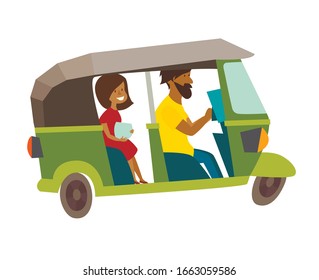 Asian taxi tuktuk vector illustration.
 Asian local man drive tuk-tuk. Sra Lanka, Thailand, Indian transport cartoon flat card, isolated on white background