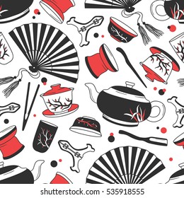 Asian tea ceremony hand drawn seamless pattern. Colorful backdrop with tea tools icons set vector. Chinese tradition, national motives. Traditional tea party. Decorative wallpaper, good for printing
