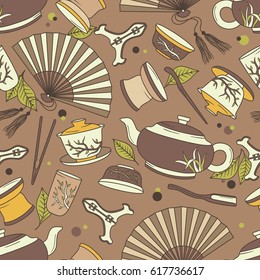 Asian tea ceremony hand drawn seamless pattern. Colorful backdrop with tea tools icons set vector. Chinese tradition, national motives. Traditional tea party. Decorative wallpaper, good for printing