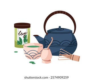 Asian tea ceremony icon. Teapot and cup with Japanese herbal drink. Bowl, bamboo whisk, mug for organic matcha. Kettle, teacup, pot of oriental beverage. Flat isolated vector illustration on white