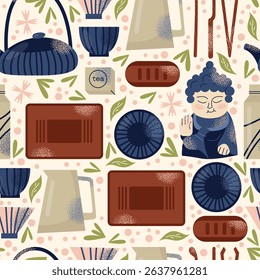 Asian tea ceremony utensils seamless pattern teapot, bowls, whisk, spoon, tray, and Buddha statue background. Flat vector illustration in decorative modern style. Tea culture and mindfulness concept