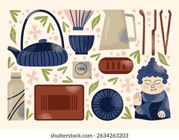 Asian tea ceremony utensils teapot, bowls, whisk, spoon, tray, and Buddha statue isolated on background. Flat vector illustration in decorative modern style. Tea culture and mindfulness concept