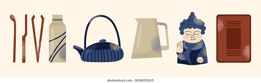 Asian tea ceremony utensils teapot, bowls, whisk, spoon, tray, and Buddha statue isolated on background. Flat vector illustration in decorative modern style. Tea culture and mindfulness concept