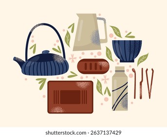 Asian tea ceremony utensils teapot, bowls, whisk, spoon, tray isolated on background. Flat vector illustration in decorative modern style. Tea culture and mindfulness concept