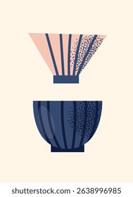 Asian tea ceremony utensils teapot, bowls, whisk, spoon, tray isolated on background. Flat vector illustration in decorative modern style. Tea culture and mindfulness concept