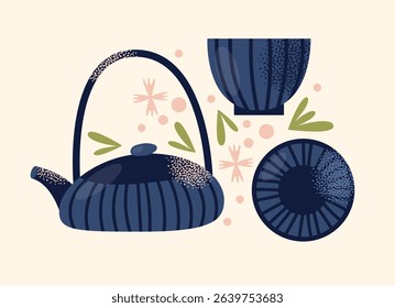 Asian tea ceremony utensils teapot, bowls, whisk, spoon, tray isolated on background. Flat vector illustration in decorative modern style. Tea culture and mindfulness concept