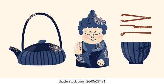 Asian tea ceremony utensils teapot, bowls, whisk, spoon, tray, and Buddha statue isolated on background. Flat vector illustration in decorative modern style. Tea culture and mindfulness concept
