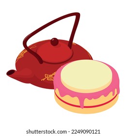 Asian tea icon isometric vector. Traditional cast iron teapot and fruit biscuit. Tea ceremony, tradition