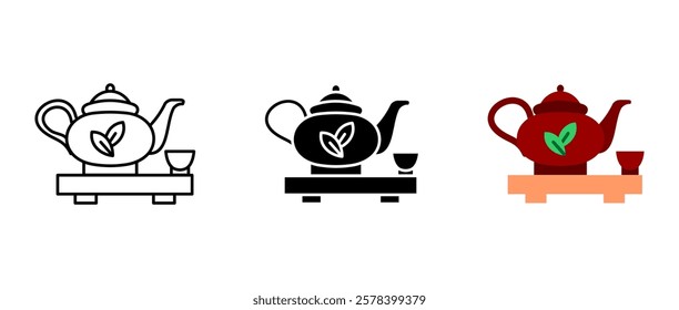Asian tea pot and cup icon. Kettle with brewing tea symbol. Chinese tea ceremony sign. Traditional Japanese cafe illustration.