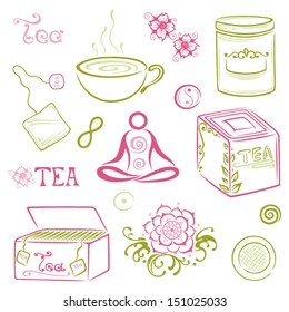 Asian tea set with tea cup, tea bag and flowers. Yoga and Wellness.