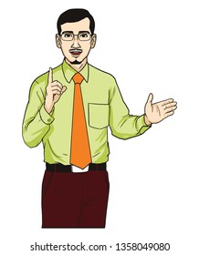 An Asian teacher or government workers, in a formal dress code giving lectures or presentation. 