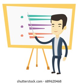 Asian teacher standing in front of board with pointer. Smiling teacher standing with pointer in classroom. Young teacher with pointer. Vector flat design illustration isolated on white background.