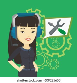 Asian technical support operator and speech square with screwdriver and wrench. Young female operator of technical support wearing headphone set. Vector flat design illustration. Square layout.