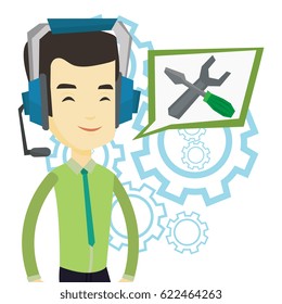 Asian technical support operator and speech square with screwdriver and wrench. Young operator of technical support wearing headphone set. Vector flat design illustration isolated on white background.