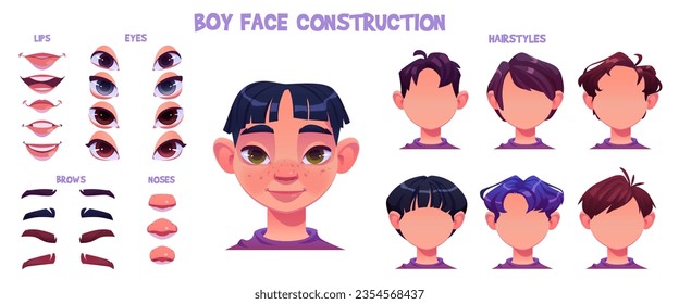 Asian teen boy face construction set isolated on white background. Vector cartoon illustration of male avatar head, hairstyles collection, pack of lips with different emotions, eyes, brows and noses