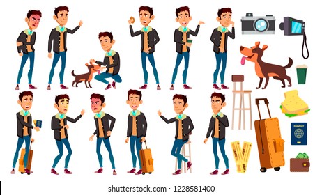 Asian Teen Boy Poses Set Vector. Active, Expression. For Presentation, Print, Invitation Design. Isolated Cartoon Illustration
