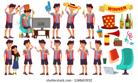 Asian Teen Boy Poses Set Vector. Leisure, Smile.  Lifesstyle. Watching Sport Match With Beer. For Web, Brochure, Poster Design. Isolated Cartoon Illustration
