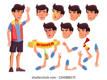 Asian Teen Boy Vector. Teenager. Face. Children. Face Emotions, Various Gestures. Animation Creation Set. Isolated Flat Cartoon Character Illustration