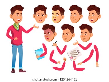 Asian Teen Boy Vector. Teenager. Adult People. Casual. Face Emotions, Various Gestures. Animation Creation Set. Isolated Flat Cartoon Character Illustration