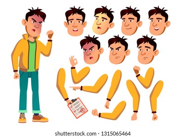 Asian Teen Boy Vector. Teenager. Active, Expression. Face Emotions, Various Gestures. Animation Creation Set. Isolated Flat Cartoon Character Illustration