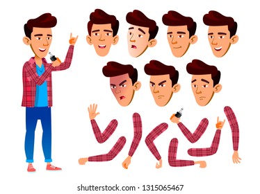 Asian Teen Boy Vector. Teenager. Activity, Beautiful. Face Emotions, Various Gestures. Animation Creation Set. Isolated Flat Cartoon Character Illustration
