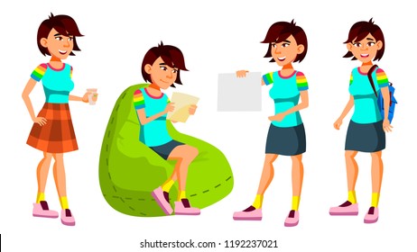 Asian Teen Girl Poses Set Vector. Leisure, Smile.  For Web, Brochure, Poster Design. Isolated Cartoon Illustration