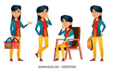 Asian Teen Girl Poses Set Vector. Adult People. Casual. For Advertisement, Greeting, Announcement Design. Isolated Cartoon Illustration
