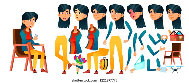 Asian Teen Girl Vector. Animation Creation Set. Face Emotions, Gestures. Positive Person. Animated. For Web, Brochure, Poster Design. Isolated Cartoon Illustration