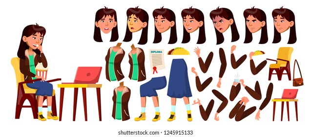 Asian Teen Girl Vector. Animation Creation Set. Face Emotions, Gestures. Face. Children. Animated. For Advertising, Booklet, Placard Design. Isolated Cartoon Illustration
