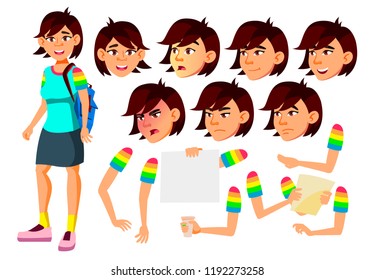 Asian  Teen Girl Vector. Teenager. Positive Person. Face. Children. Face Emotions, Various Gestures. Animation Creation Set. Isolated Flat Cartoon Character Illustration