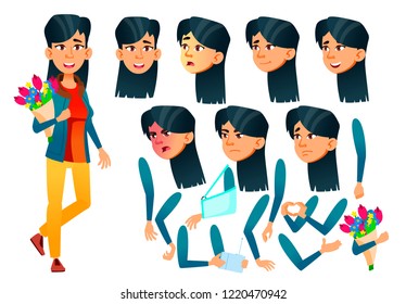 Asian Teen Girl Vector. Teenager. Activity, Beautiful. Face Emotions, Various Gestures. Animation Creation Set. Isolated Flat Cartoon Character Illustration