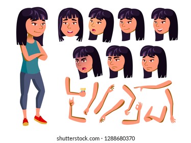 Asian Teen Girl Vector. Teenager. Active, Expression. Fitness, Sport, Figure, Health. Face Emotions, Various Gestures. Animation Creation Set. Isolated Flat Cartoon Character Illustration
