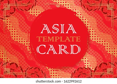 Asian template card with japanese pattern and peony. Oriental restaurant menu header image. Vector stock illustration.