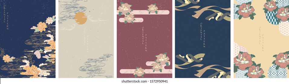 Asian template with Peony flower and Japanese pattern vector. Floral background with Wave elements. Rolling paper decoration. Layout design in oriental style.