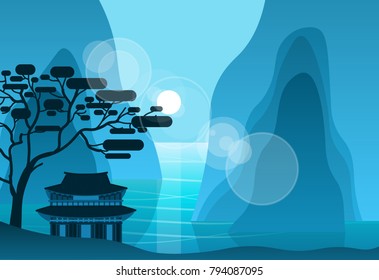 Asian Temple In Mountains In Night On Background Silhouette Pagoda Landscape Flat Vector Illustration